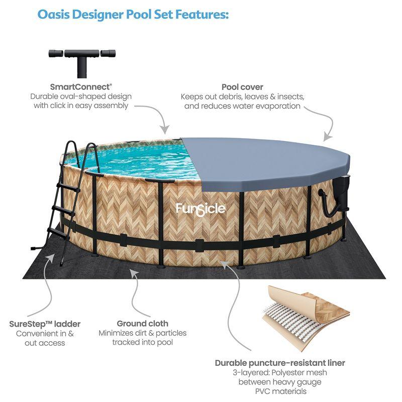 Funsicle 14' x 42" Oasis Designer Round Frame Outdoor Above Ground Swimming Pool Set with SkimmerPlus Filter Pump and Pool Cover, Oak Herringbone