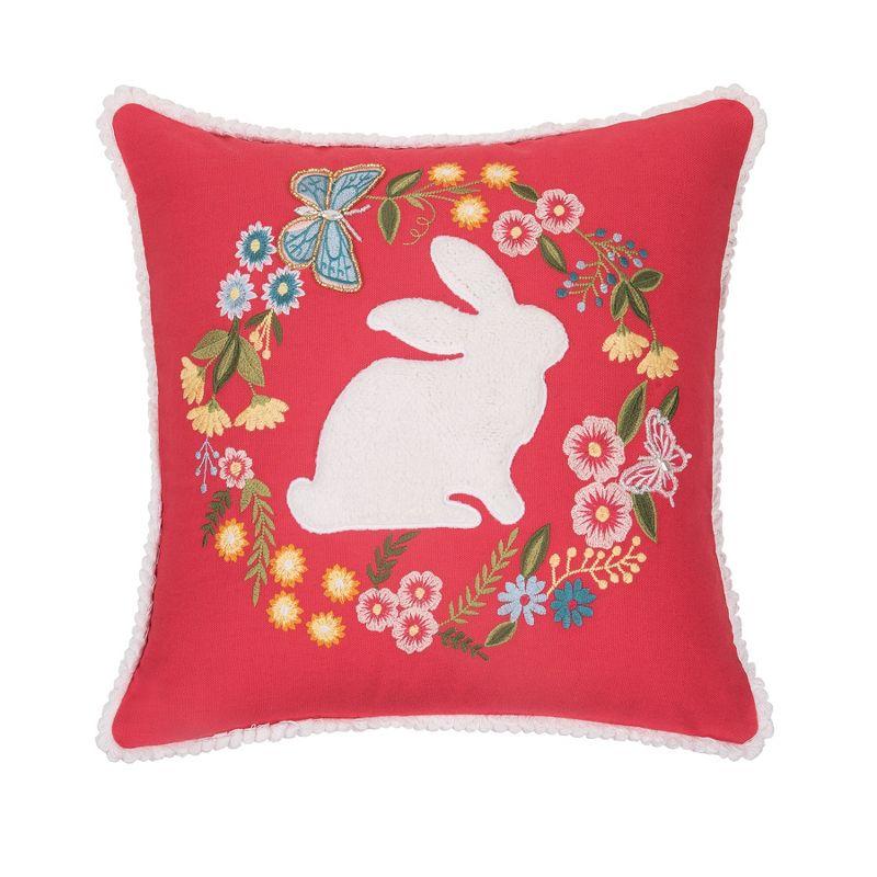 Red Embroidered Bunny Wreath Square Throw Pillow