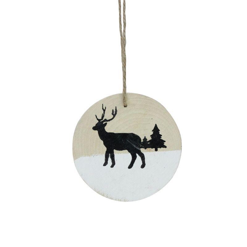 Beige Wooden Disc Ornament with Deer and Pine Trees