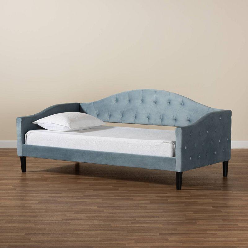 Elegant Full/Double Dark Brown Wood & Light Blue Velvet Tufted Daybed