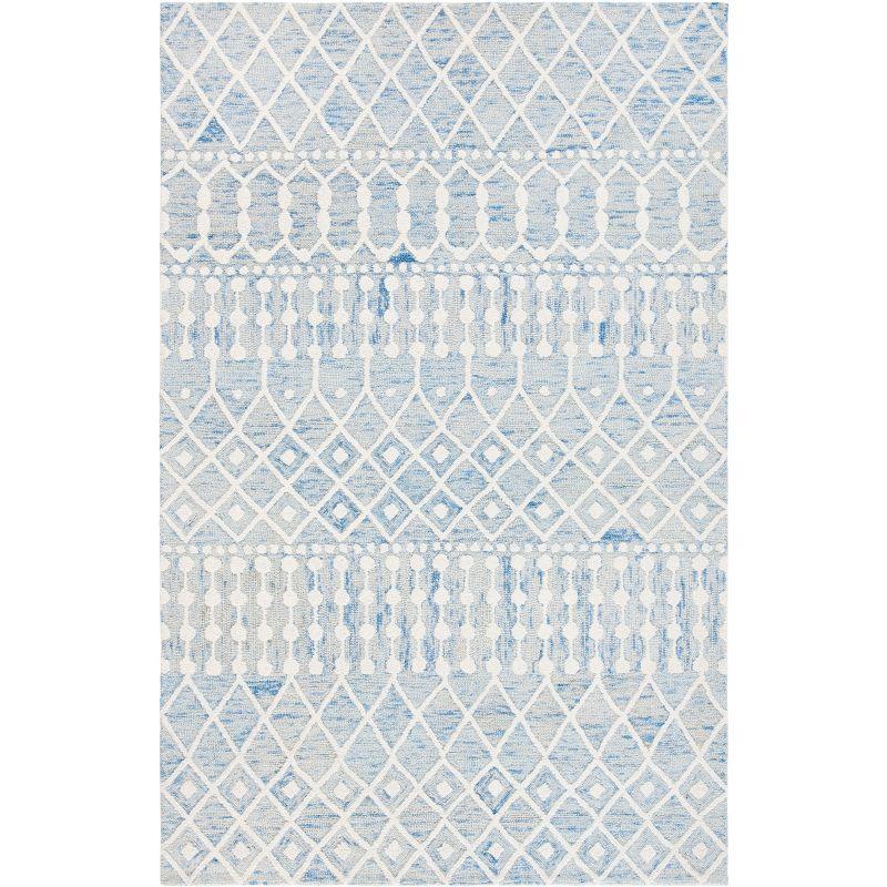 Handmade Blue Floral Tufted Wool-Cotton Rectangular Rug