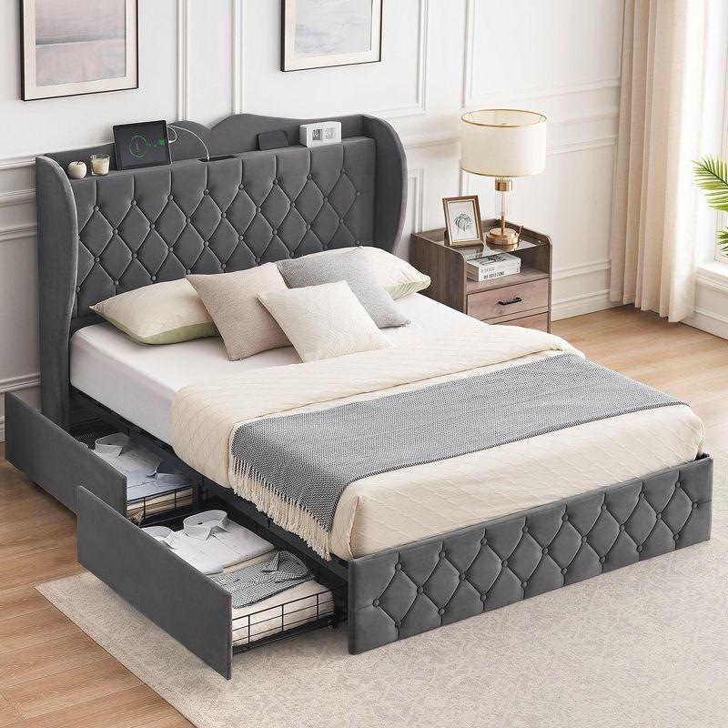 Queen Gray Velvet Upholstered Platform Bed with Storage Drawers