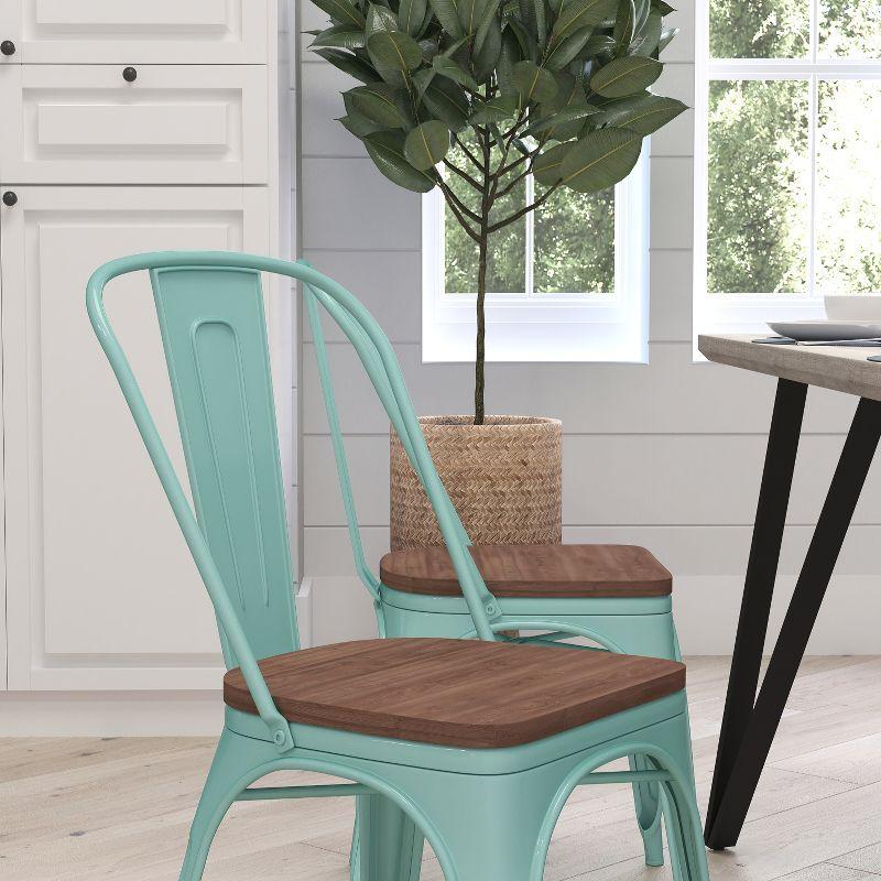 Mint Green Curved Slat Metal Side Chair with Rustic Wood Seat