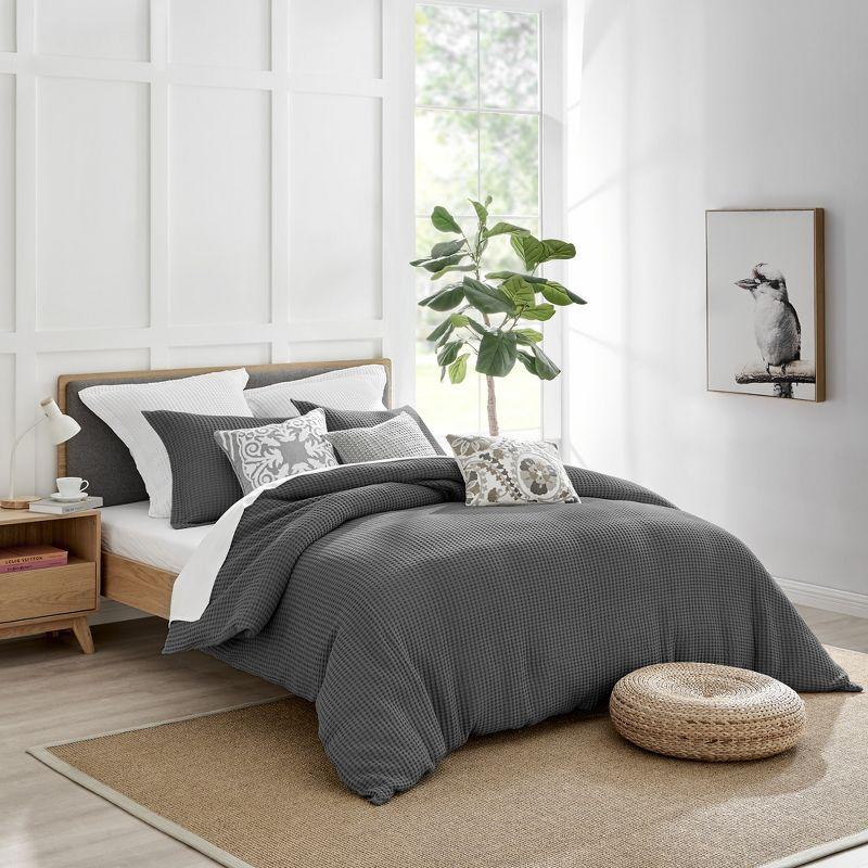 Gray Cotton Waffle Queen Duvet Cover Set