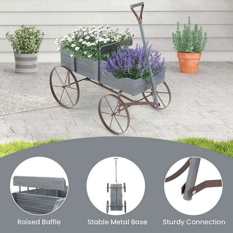 Wooden Wagon Plant Bed With Metal Wheels For Garden Yard Patio