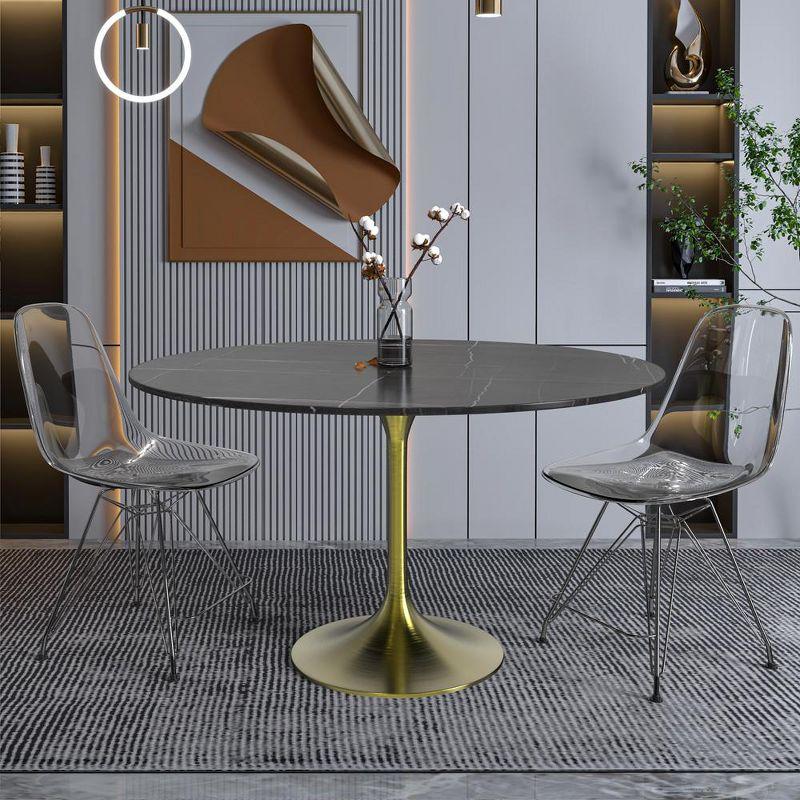 LeisureMod Verve 48" Round Dining Table, Modern Stone Top Dining Table with Brushed Gold Stainless Steel Pedestal Table Base in Black