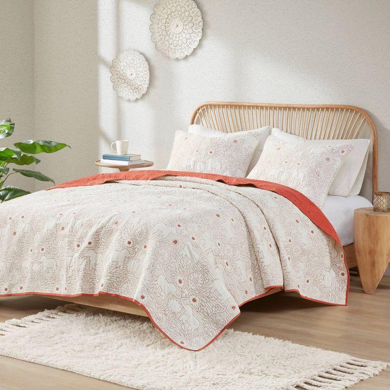 Coral Cotton Full Quilt Set with Reversible Elephant & Floral Design