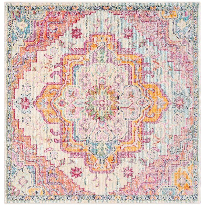 Light Blue and Fuchsia Medallion Square Synthetic Rug