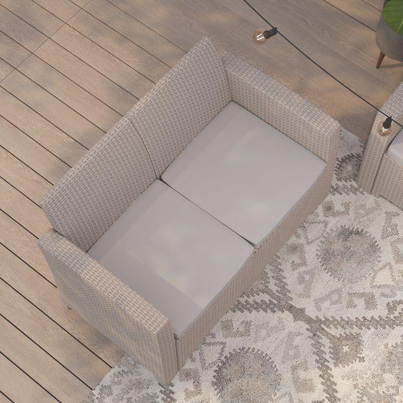 Merrick Lane Outdoor Furniture Resin Loveseat Light Gray Faux Rattan Wicker Pattern 2-Seat Loveseat With All-Weather Beige Cushions
