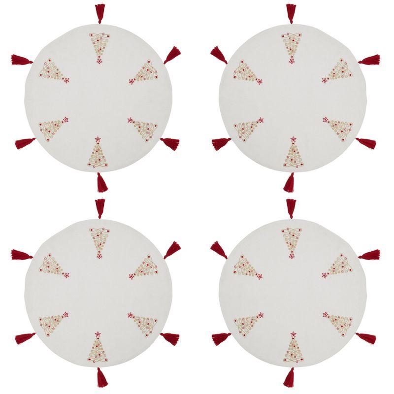 Round White Cotton Placemats with Red Embroidered Christmas Trees, Set of 4