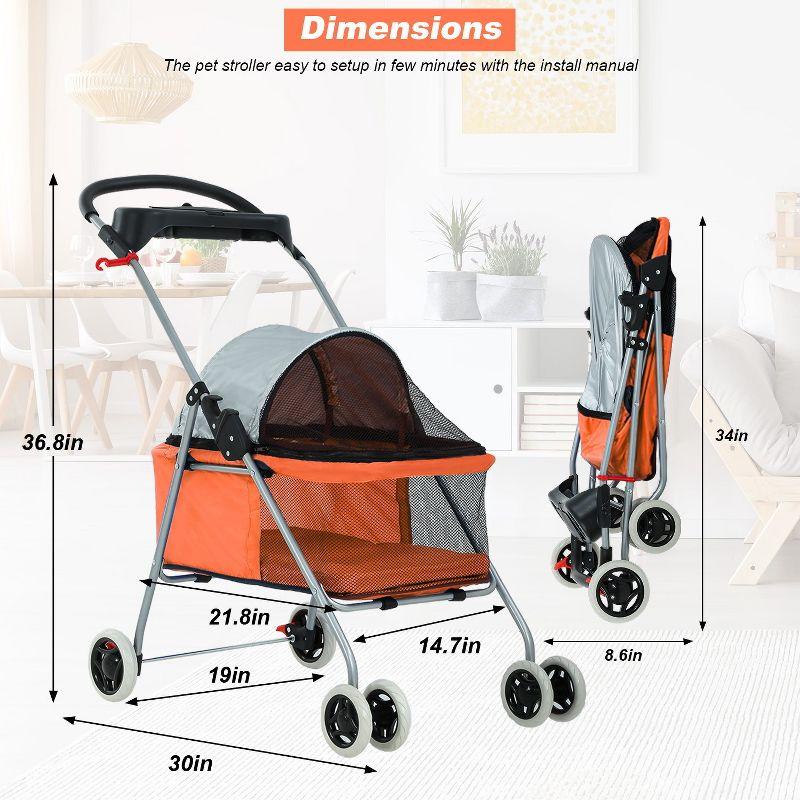 Orange Folding Dog Stroller with Mesh Windows and Storage Basket