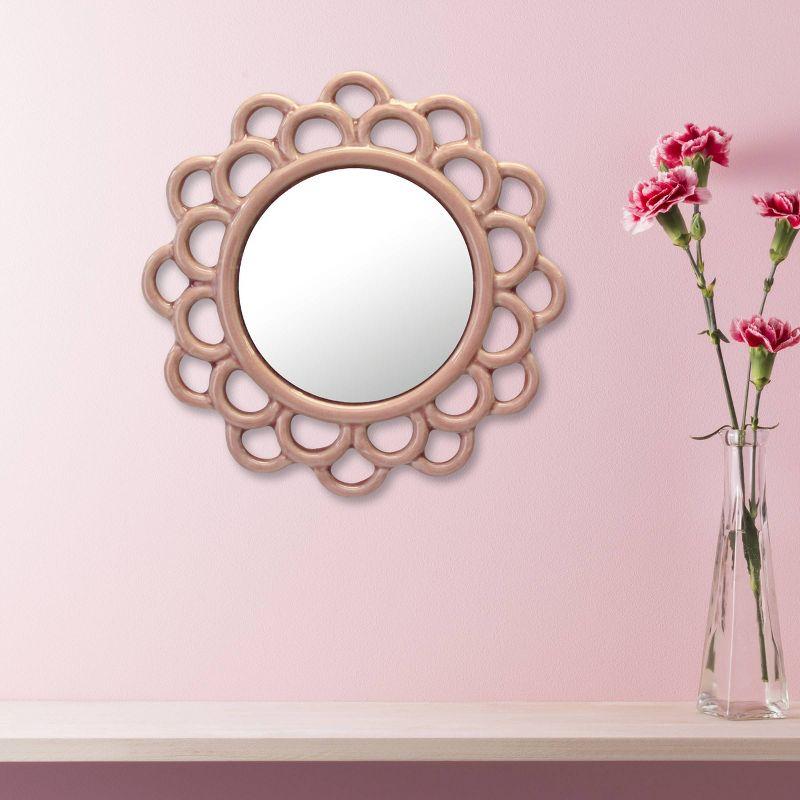 9" Decorative Round Floral Ceramic Wall Hanging Mirror Pink - Stonebriar Collection: Elegant Scalloped Edge, Keyhole Hanger