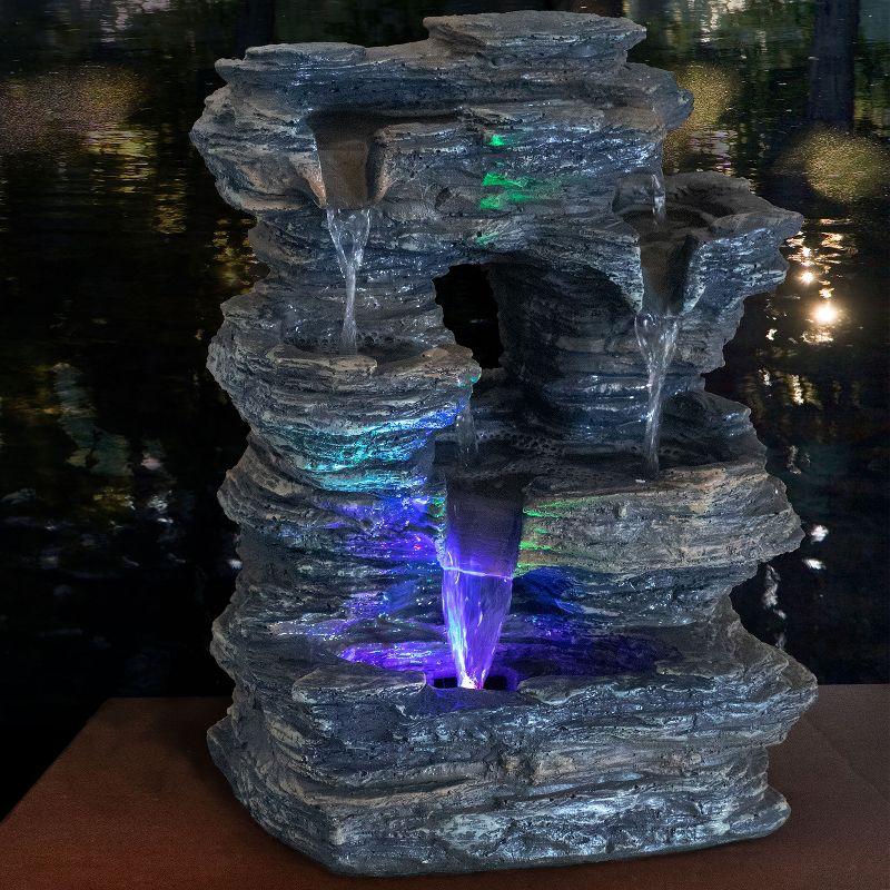 Sunnydaze Indoor Decorative Five Stream Rock Cavern Tabletop Water Fountain with Multi-Colored LED Lights - 13"