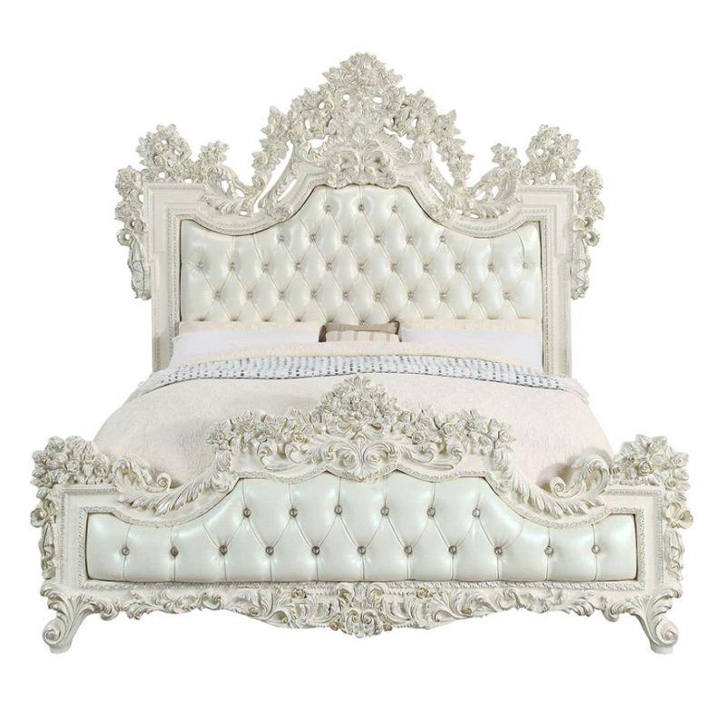 Acme Furniture: 90" Eastern King Bed Adara Bed White Synthetic Leather and Antique White Finish Victorian Style, Tufted Headboard