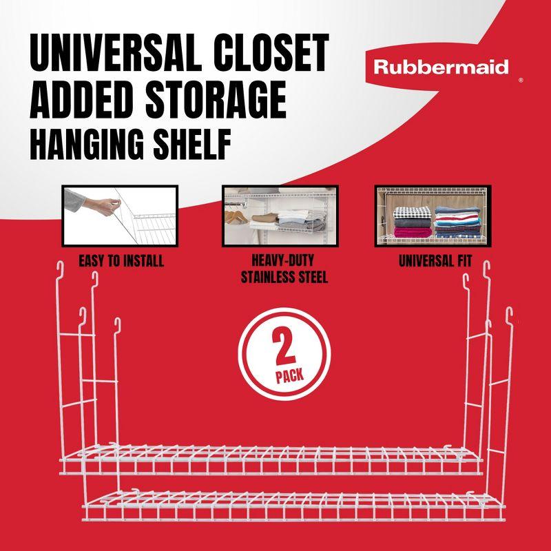 Rubbermaid Universal Closet Custom Wire Hanging Storage Shelf Durable Steel Clothes Rack Accessory Attachment, 24 Inch Long, 2 Pack, White