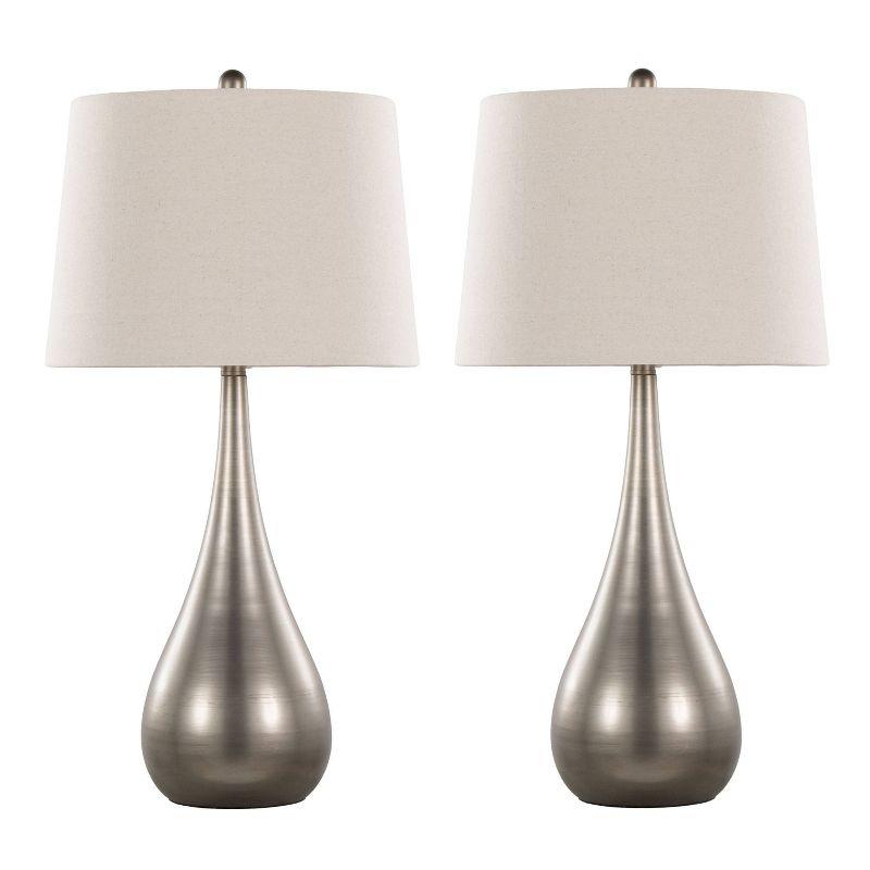 Aged Pewter and Natural Linen Teardrop Table Lamp Set