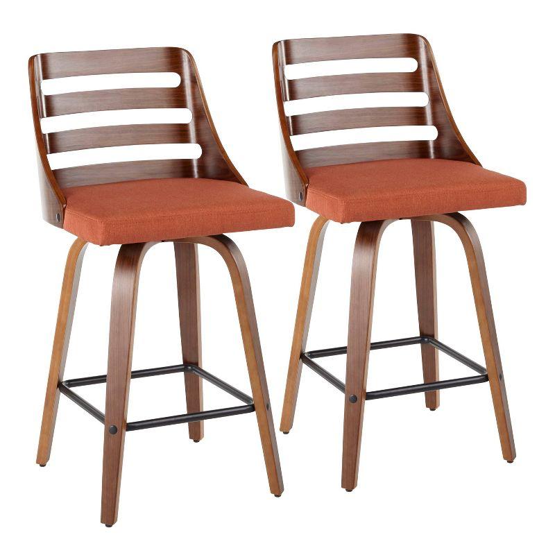 Set of 2 Orange Upholstered Walnut Wood Swivel Counter Stools