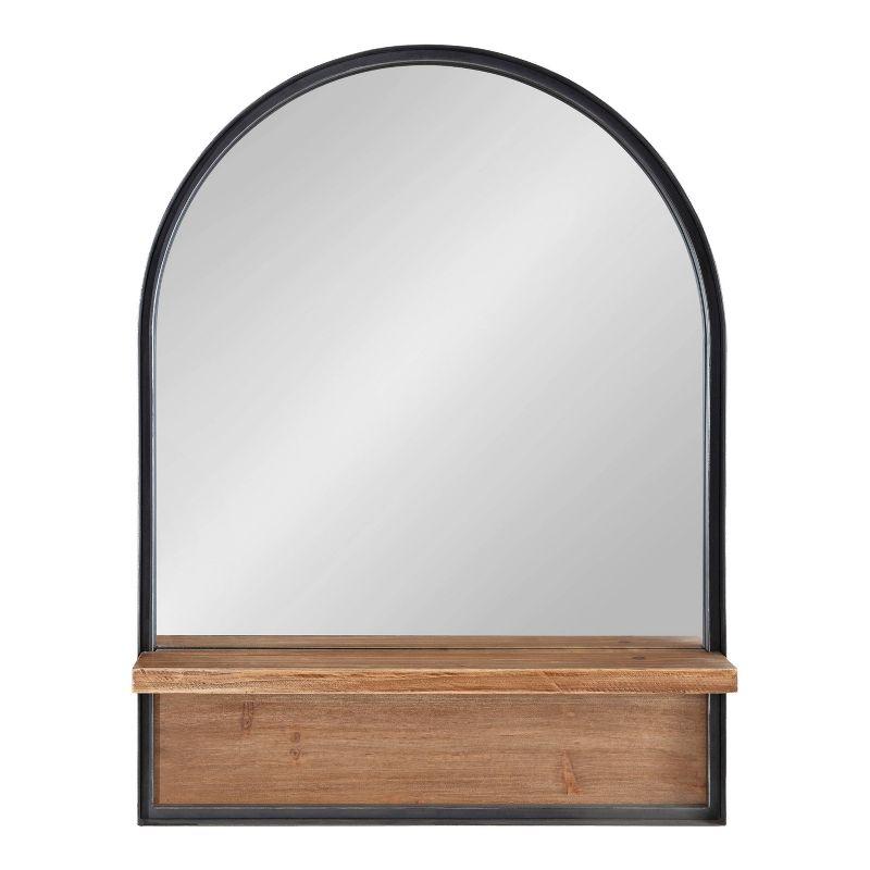 Arch Black Framed Wall Mirror with Wood Ledge