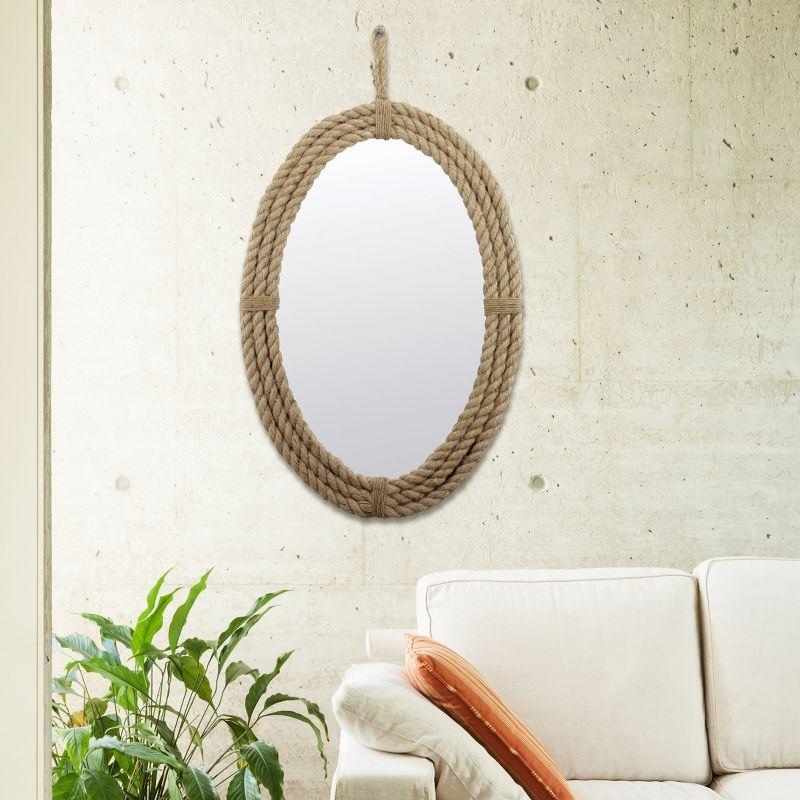 Nautical Oval Wood Wall Mirror with Silver Rope Accent