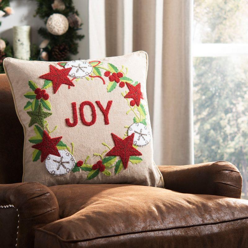 Joyful Beige and Red Embroidered Christmas Pillow