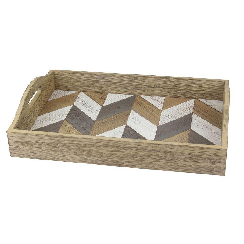 18" x 12" Rustic Brown Wooden Chevron Serving Tray with Handles