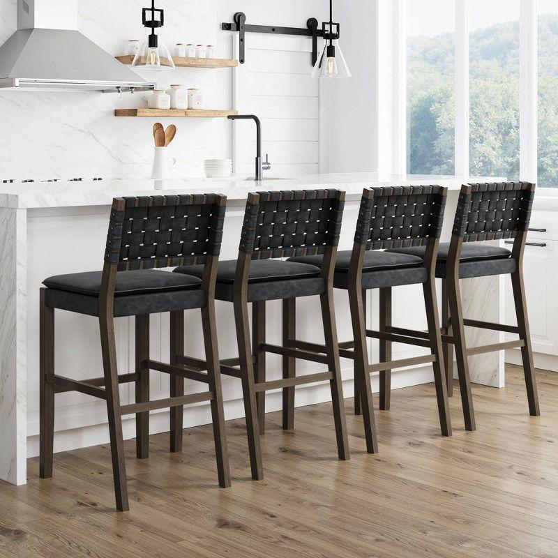 Cohen Black Faux Leather Saddle Bar Stools with Wood Frame, Set of 4