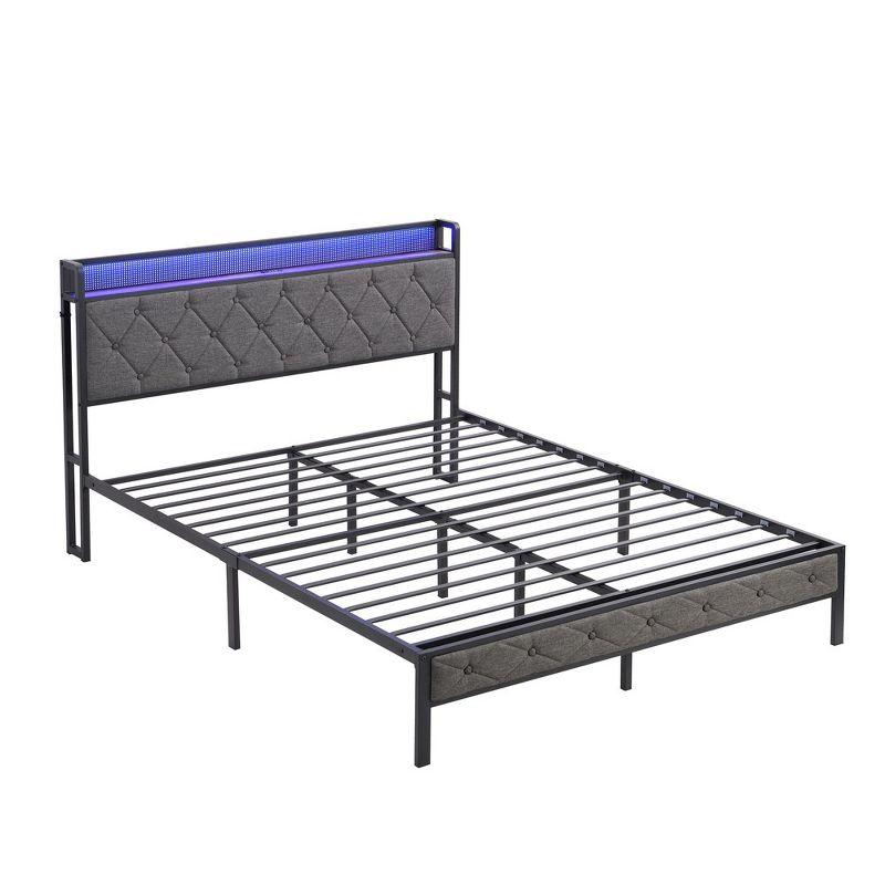 Queen Upholstered Platform Bed with Storage and LED Headboard