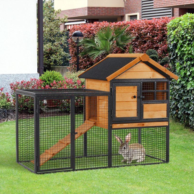 PawHut 2-Level Rabbit Hutch Bunny House with Weatherproof Hinged Asphalt Roof, Removable Tray and Ramp for Outdoor