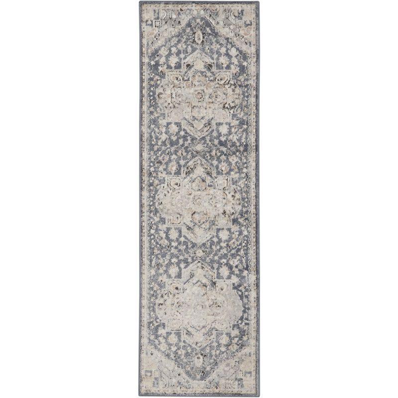 Hand-Knotted Medallion Runner Rug in Blue/Ivory, 26in Easy Care