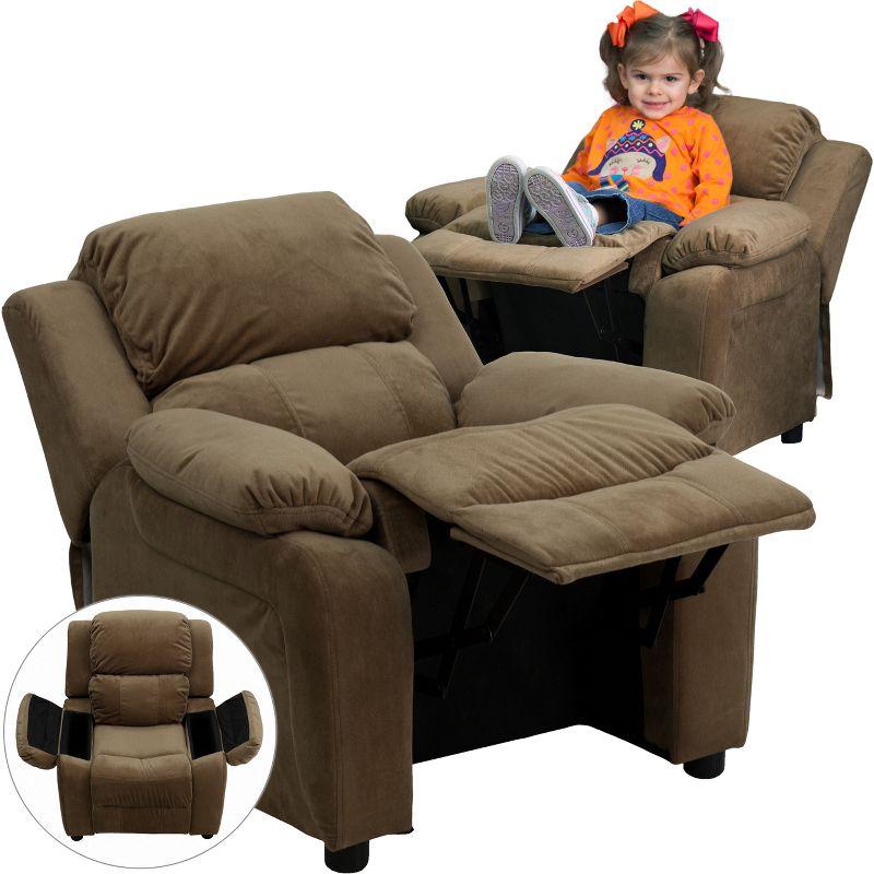Emma and Oliver Deluxe Padded Brown Microfiber Kids Recliner with Storage Arms