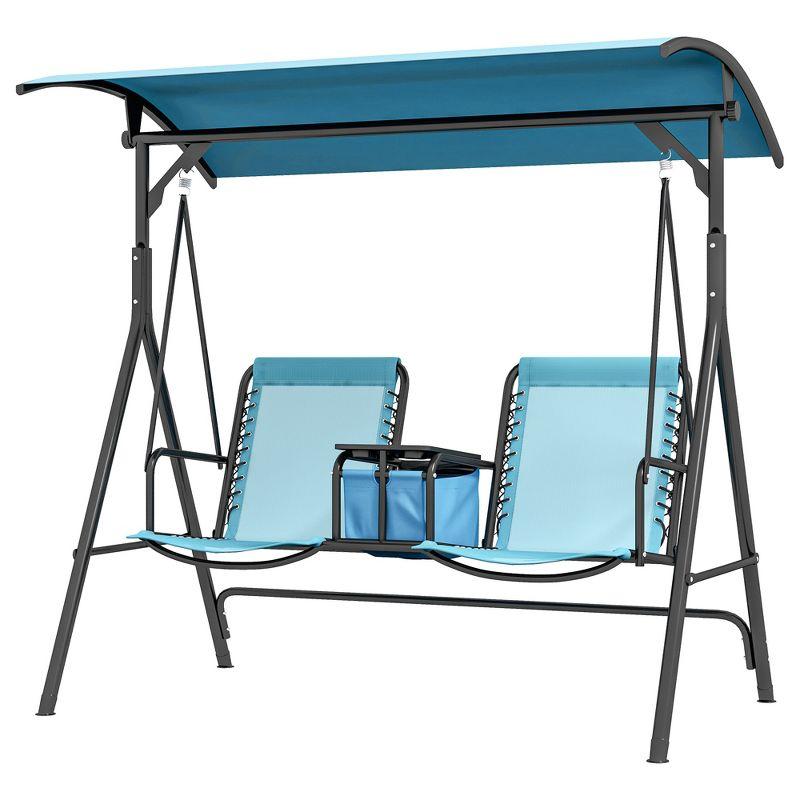 Outsunny 2 Person Porch Swing with Canopy, Covered Patio Swing with Pivot Storage Table, Cup Holder, & Adjustable Overhead Canopy, Blue