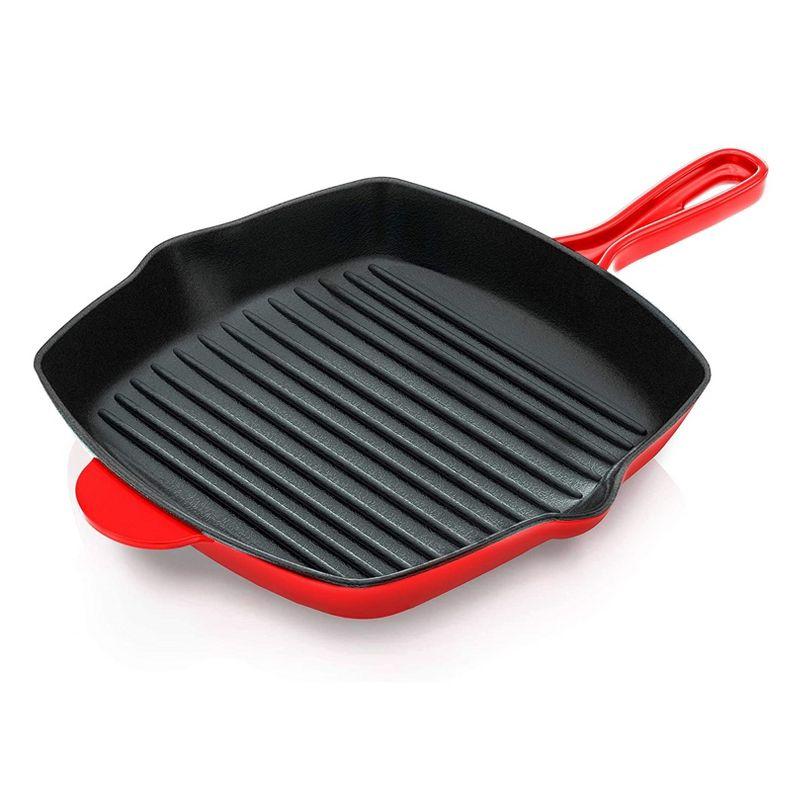 NutriChef 11" Red Cast Iron Skillet Grill Pan with Porcelain Enamel Coating