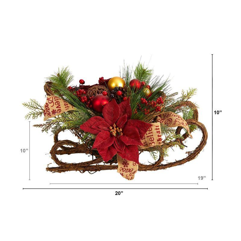 Nearly Natural 18-in Christmas Sleigh with Poinsettia, Berries and Pinecone Artificial Arrangement with Ornaments