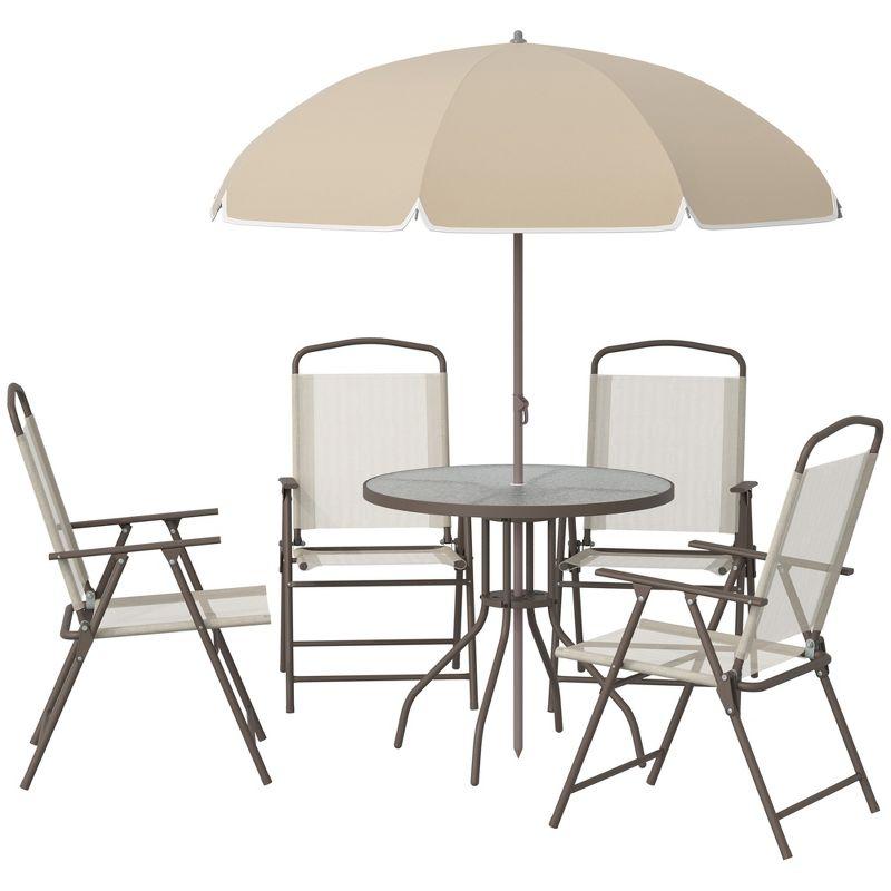 Outsunny 6 Piece Patio Dining Set for 4 with Umbrella, 4 Folding Dining Chairs & Round Glass Table for Garden, Backyard, and Poolside, Beige