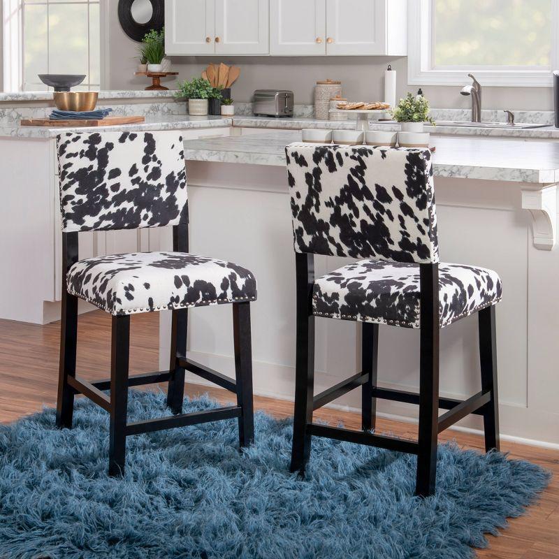 Linon Corey Black Cow Print Upholstery Counter Height Barstool Black/White: Farmhouse Style, Wood Frame, Footrest
