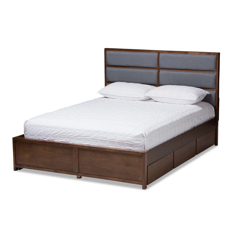 Walnut and Gray Upholstered Queen Storage Platform Bed with Drawers