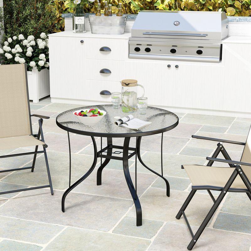 Outsunny 38" Round Patio Table, Outdoor Dining Table Tempered Glass Metal Frame Bistro Table with Umbrella Hole, for Deck, Yard, Balcony, Lawn, Pool