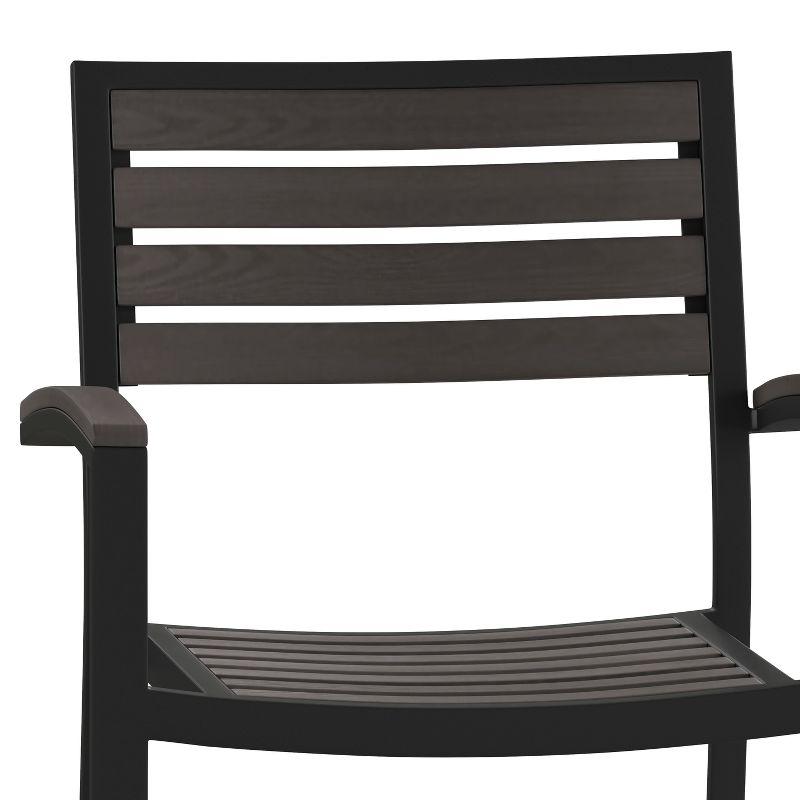 Flash Furniture 2 Pack All-Weather Black Aluminum Patio Stack Chairs - Gray Wash Faux Teak Slats