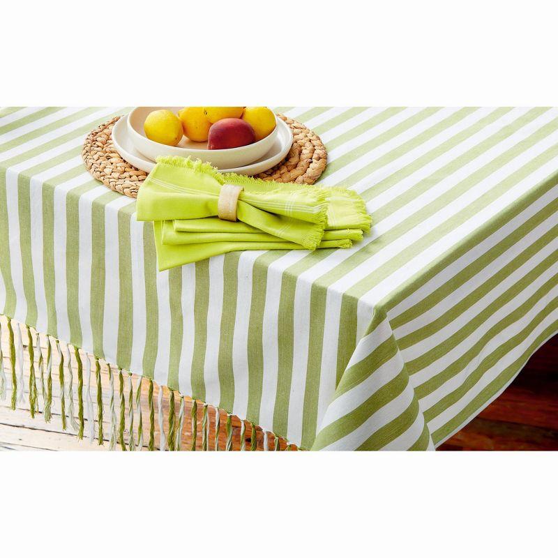 Green and White Striped Cotton Tablecloth with Fringe, 84"L x 60"W