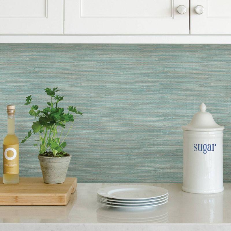 NuWallpaper Tibetan Grasscloth Teal Peel and Stick Wallpaper