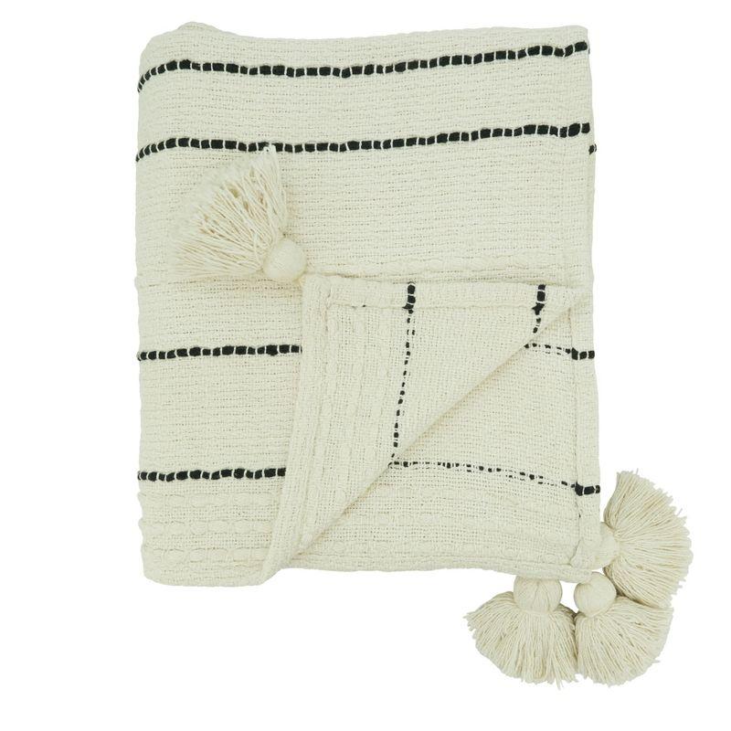 Ivory Cotton Stripe Chunky Tassel Throw Blanket