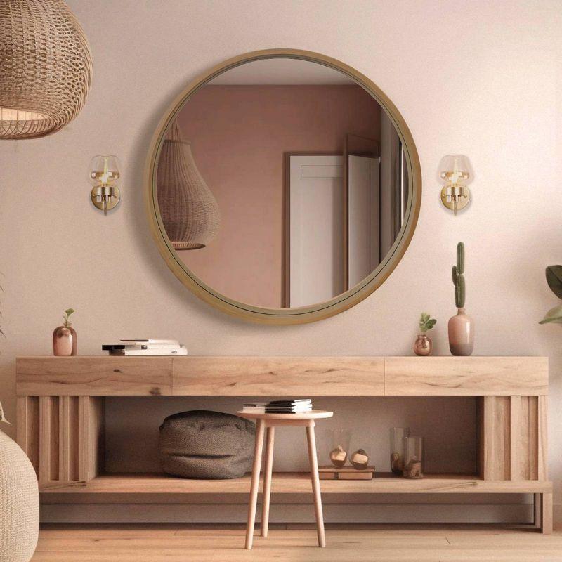 32" Wood Round Mirror Natural - WallBeyond: Pine Frame, Wall Mount, Modern Decor