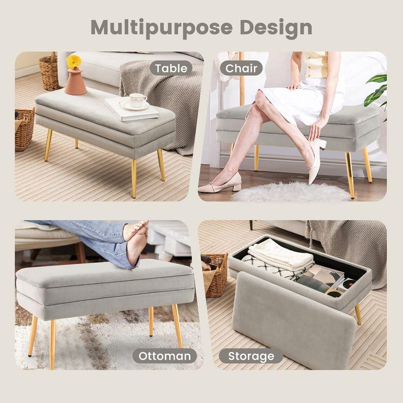 Tangkula Velvet Upholstered Storage Bench Bedroom Ottoman Bench w/ Removable Top Grey