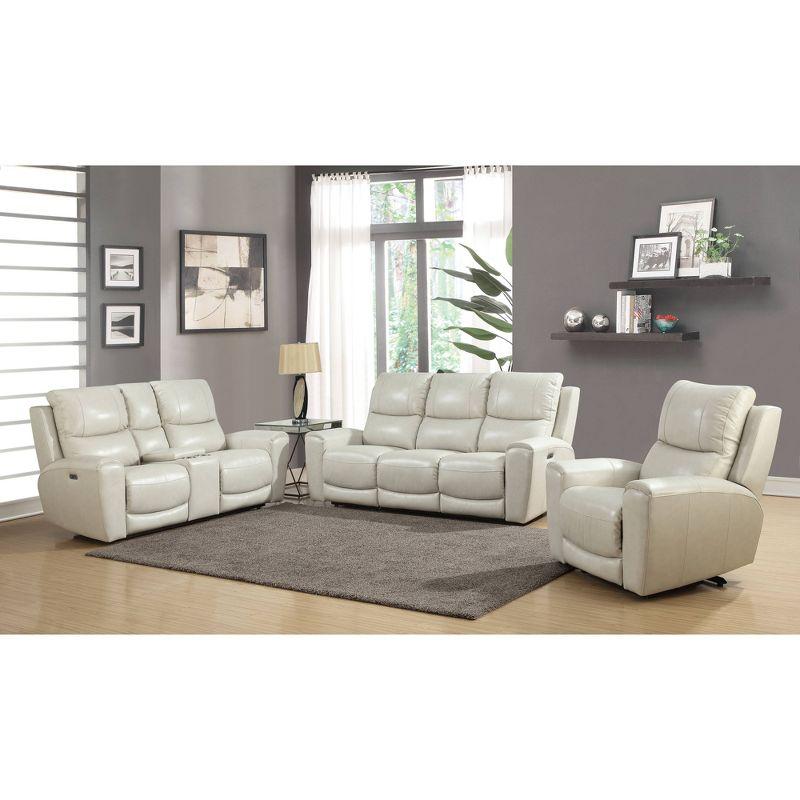 Ivory Faux Leather Reclining Sofa with Cup Holder and Wood Frame