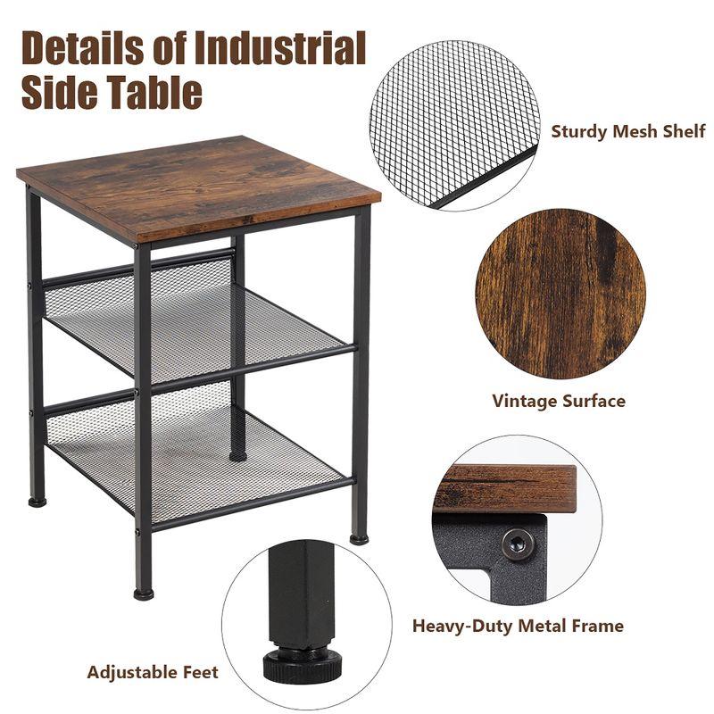 Costway 3-Tier Industrial End Side Table Nightstand W/2 Adjustable Shelves Rustic Brown