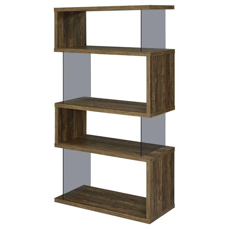 63" Emelle 4 Shelf Zig Zag Bookcase with Glass Panels Walnut - Coaster: Modern Laminated Storage Display