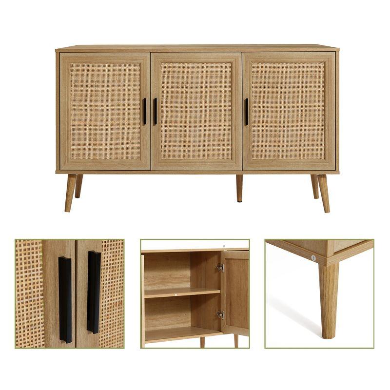 LuxenHome Rattan Buffet Cabinet with Storage, 47" Light Oak Finish Wood Accent Sideboard Cabinet with 3-Door, Boho Coffee Bar Console Table