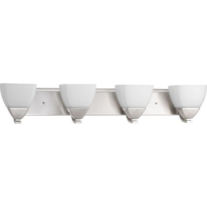 Brushed Nickel 4-Light Bath Vanity with Etched White Glass Shades