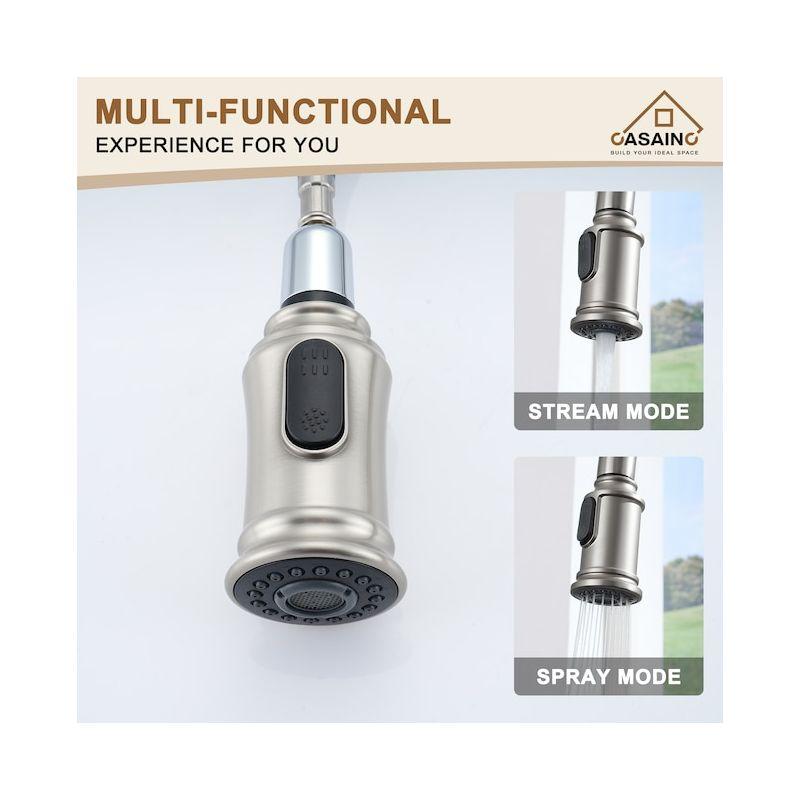 CASAINC Deck Mounted 1-Hole Single Handle Pull-out Kitchen Faucet, Brushed Nickel