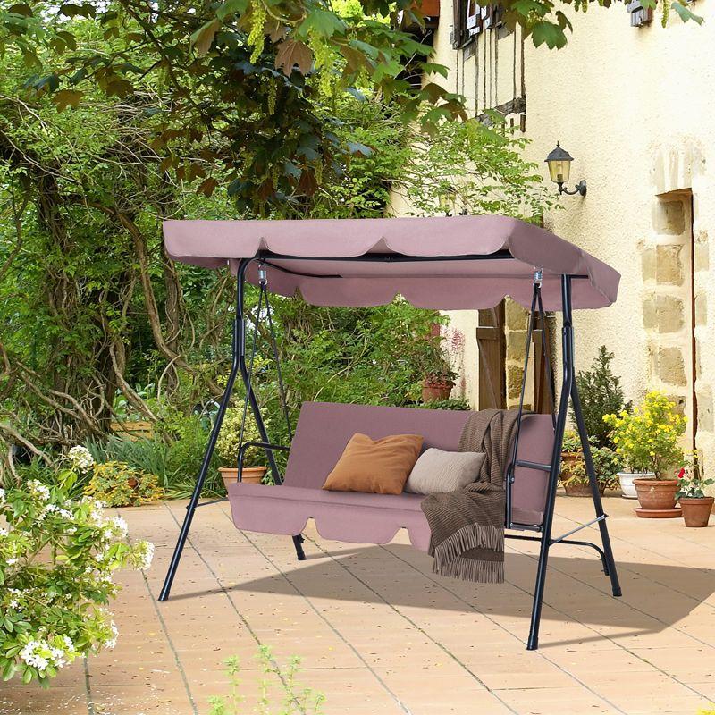 Brown 3-Seat Steel Frame Outdoor Patio Swing Chair with Adjustable Canopy